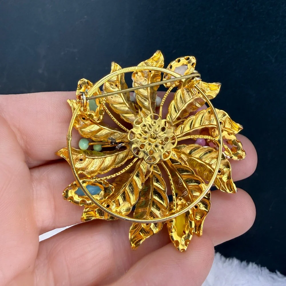 Vintage Rhinestone Flower Brooch Multicolor Enamel Gold Tone